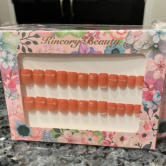 NEW Heart Paw Print Pearl Rainbow Glitter Swirl Nude Press-On Nail Set Bundle - Picture 3 of 4